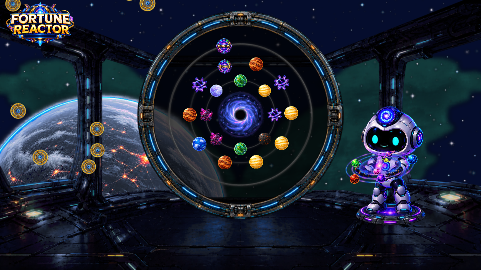 Fortune Reactor gameplay: planets around the orbital reactor and the smiling robot