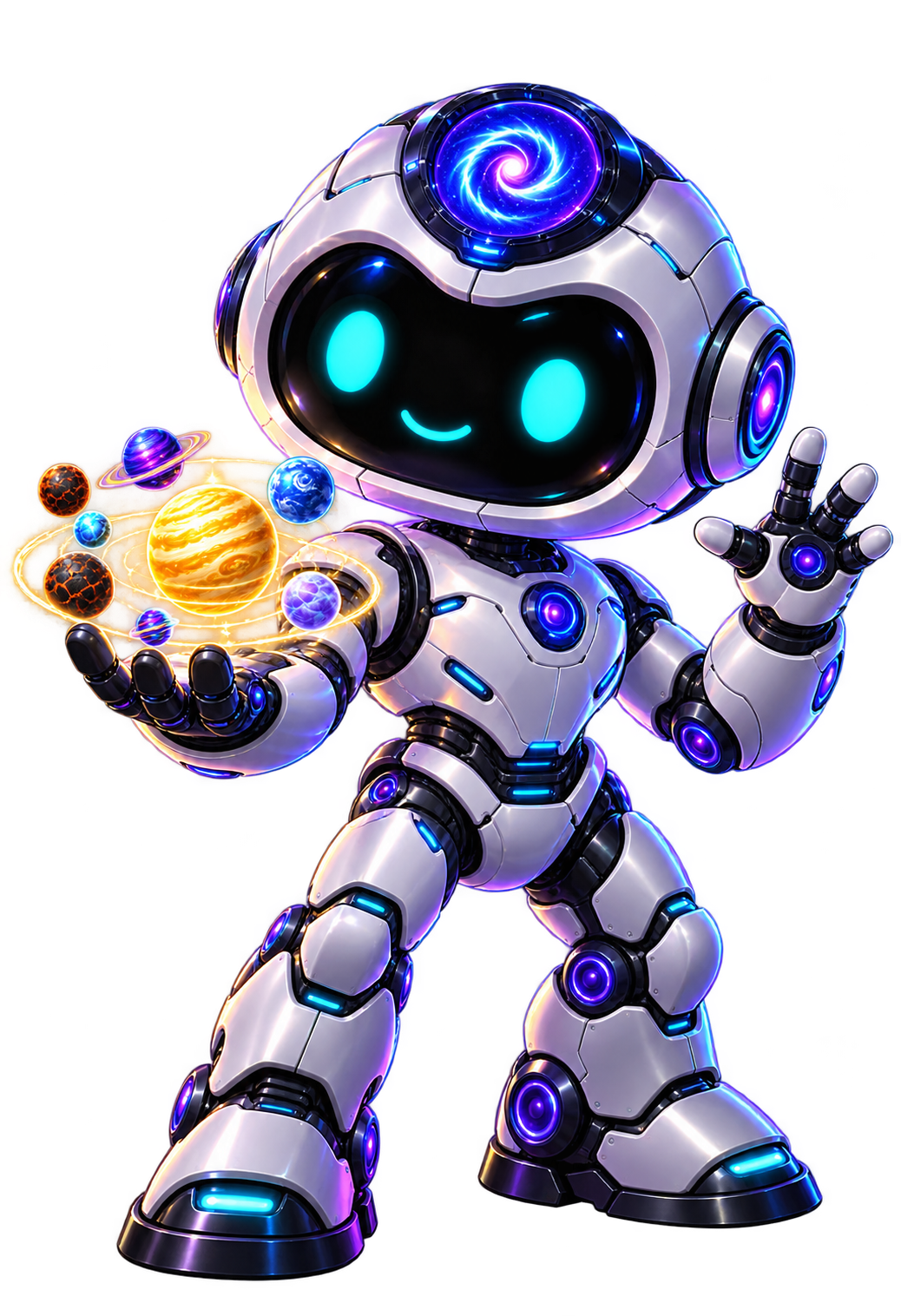 Fortune Reactor’s cheerful silver robot holding miniature planets